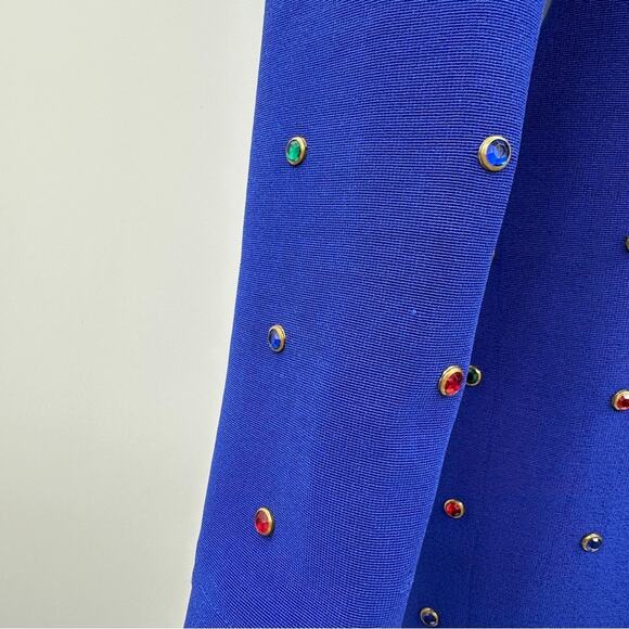 Vintage Tadashi 80s Blue Jeweled Bling Bodycon Sheath Knit Knee Length Dress - Picture 6 of 15